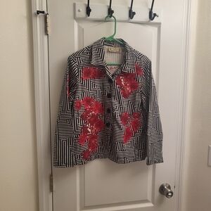 Life Style Black and White Blazer with Red Floral Design Pre-own